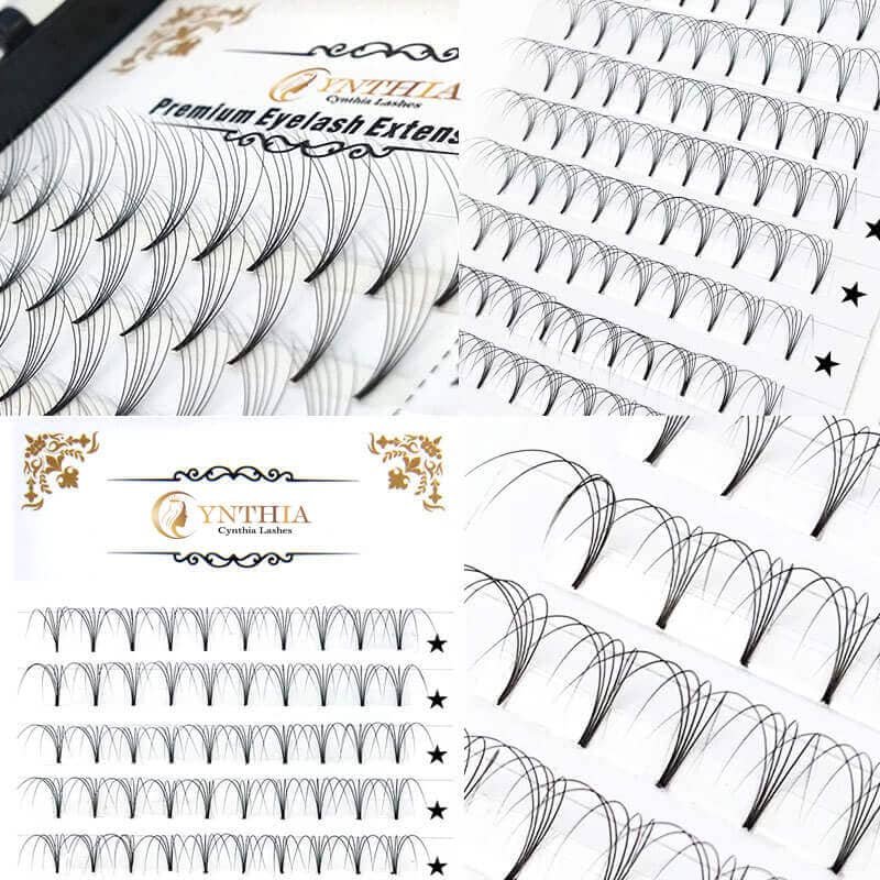 Professional premade volume fans with pointy base and Cynthia Lashes logo