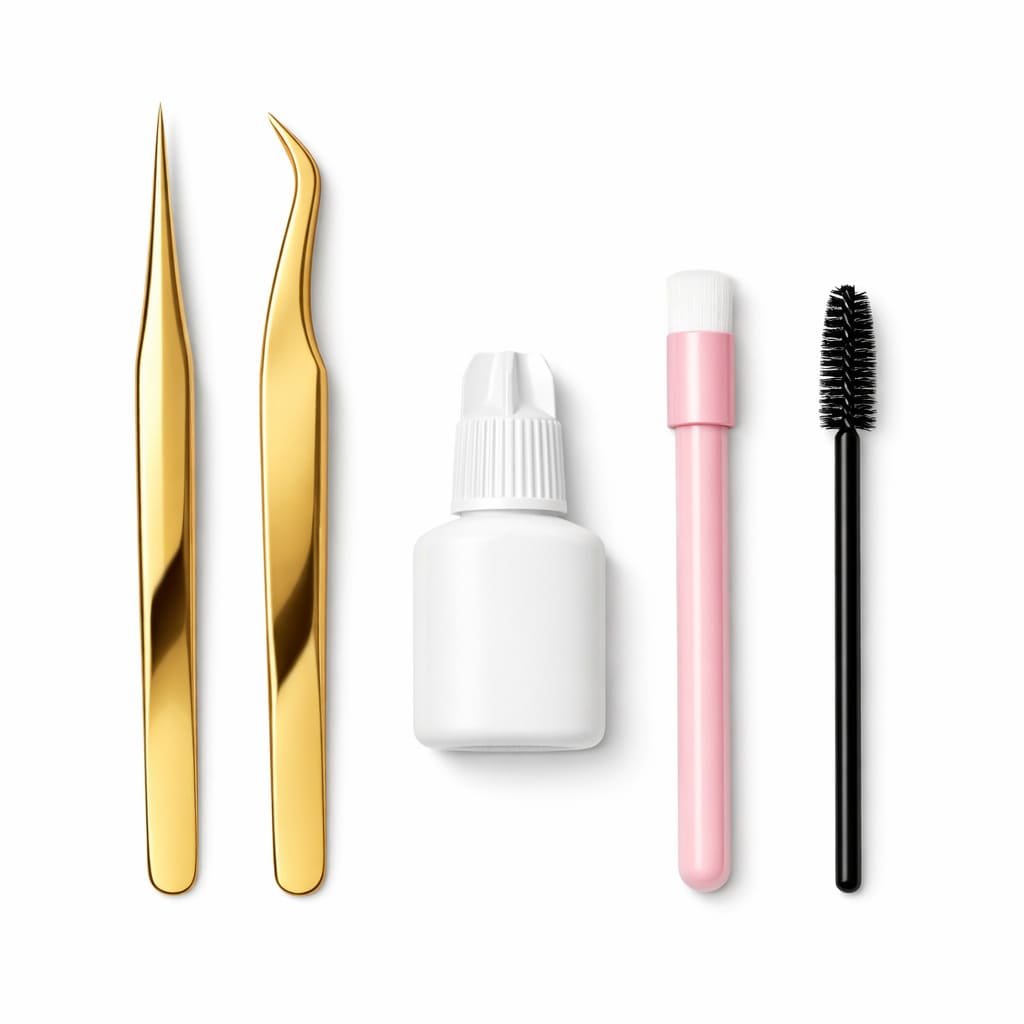 Premium eyelash extension tools set including gold tweezers, lash adhesive, and cleansing brush for professional salon supply